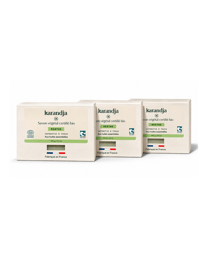 Savon végétal certifié bio MENTHE (Pack de 3) Karandja
