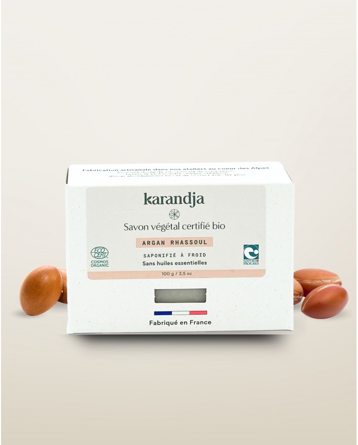 Savon végétal certifié bio ARGAN RHASSOUL Karandja 100g