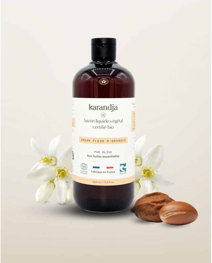 Savon liquide végétal pur olive certifié bio ARGAN FLEUR D’ORANGER 500ml