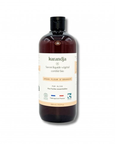 Savon liquide végétal pur olive certifié bio ARGAN FLEUR D’ORANGER 500ml