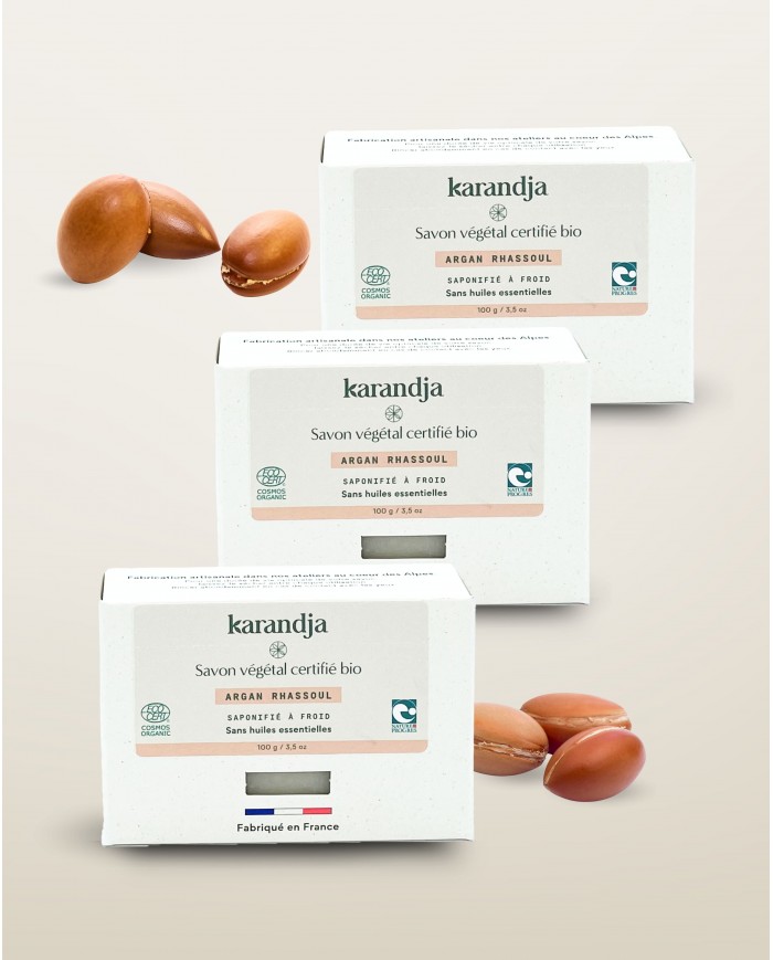 Savon végétal certifié bio ARGAN RHASSOUL (Pack de 3) Karandja