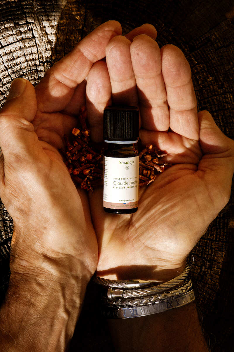 flacon huile essentielle clou de girofle dans deux mains en creux